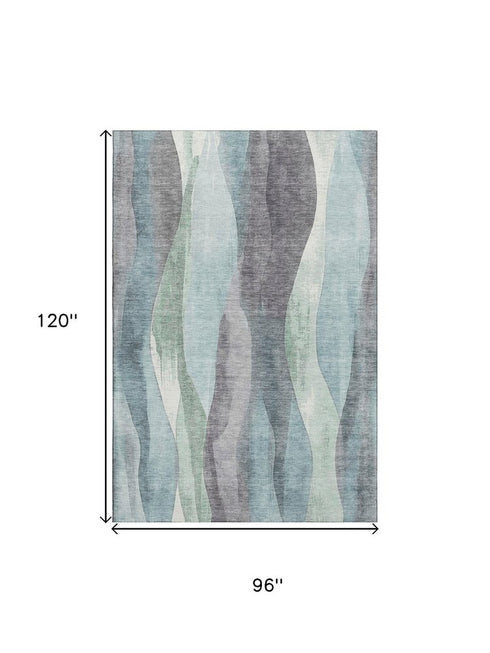 8' X 10' Teal Plum And Ivory Abstract Washable Area Rug With UV Protection