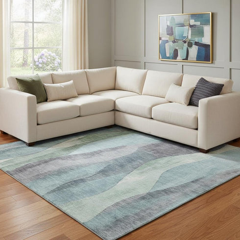 8' X 10' Teal Plum And Ivory Abstract Washable Area Rug With UV Protection