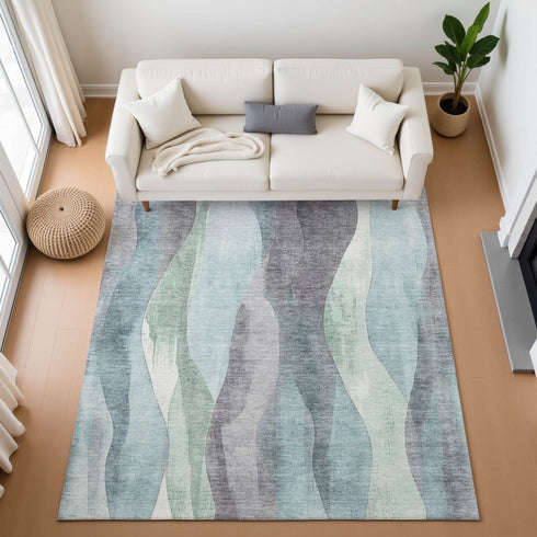 8' X 10' Teal Plum And Ivory Abstract Washable Area Rug With UV Protection