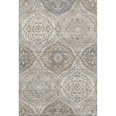 5' X 8' Beige Ivory And Blue Floral Washable Area Rug With UV Protection