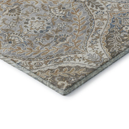 5' X 8' Beige Ivory And Blue Floral Washable Area Rug With UV Protection