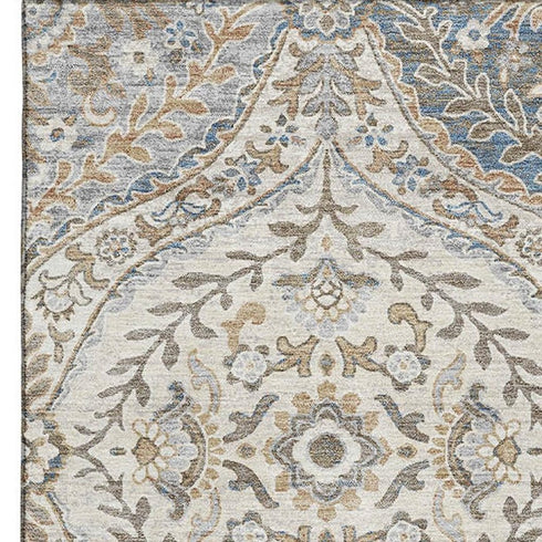 5' X 8' Beige Ivory And Blue Floral Washable Area Rug With UV Protection