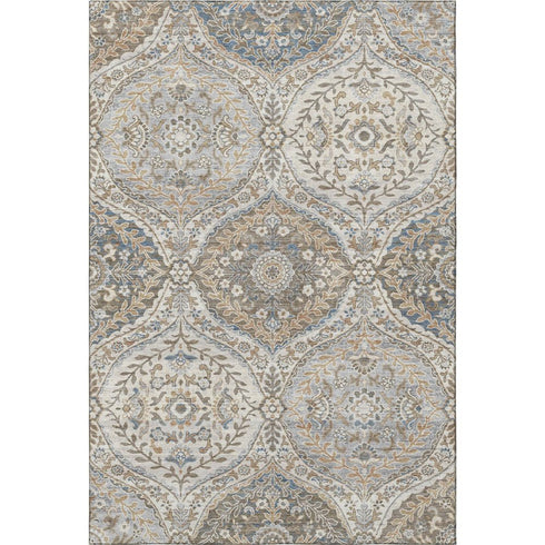 5' X 8' Beige Ivory And Blue Floral Washable Area Rug With UV Protection