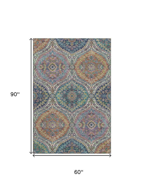 5' X 8' Blue Copper And Fern Green Floral Washable Area Rug With UV Protection