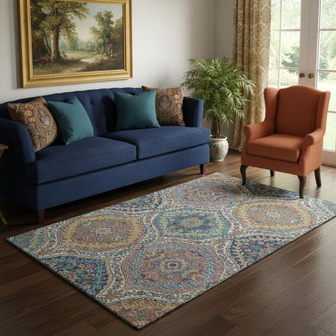 5' X 8' Blue Copper And Fern Green Floral Washable Area Rug With UV Protection