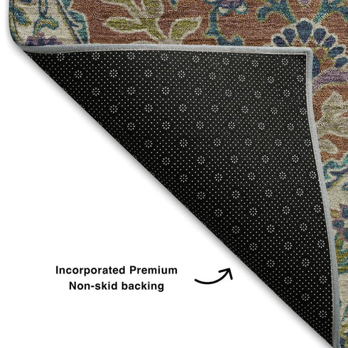 5' X 8' Blue Copper And Fern Green Floral Washable Area Rug With UV Protection
