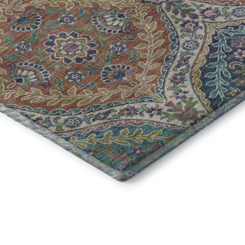 5' X 8' Blue Copper And Fern Green Floral Washable Area Rug With UV Protection