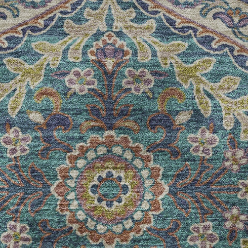 5' X 8' Blue Copper And Fern Green Floral Washable Area Rug With UV Protection