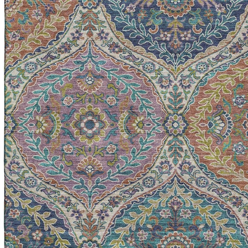 5' X 8' Blue Copper And Fern Green Floral Washable Area Rug With UV Protection