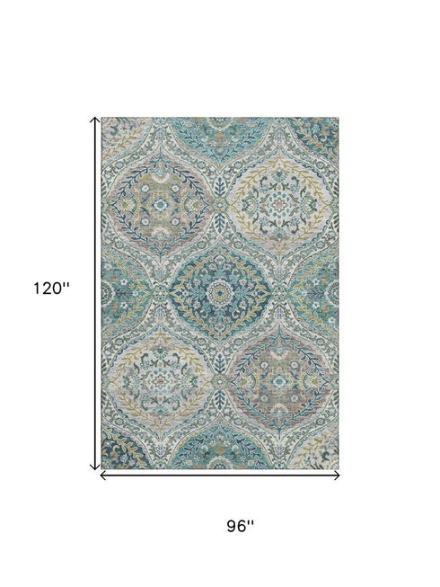 8' X 10' Teal Ivory And Beige Floral Washable Area Rug With UV Protection