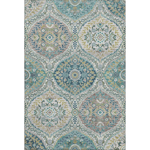 8' X 10' Teal Ivory And Beige Floral Washable Area Rug With UV Protection