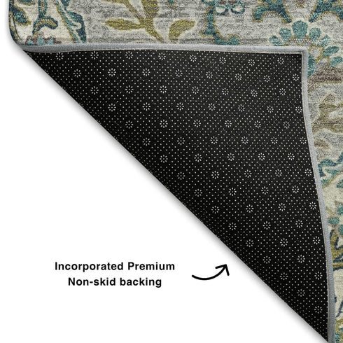8' X 10' Teal Ivory And Beige Floral Washable Area Rug With UV Protection