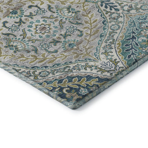 8' X 10' Teal Ivory And Beige Floral Washable Area Rug With UV Protection