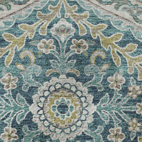 8' X 10' Teal Ivory And Beige Floral Washable Area Rug With UV Protection