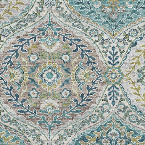 8' X 10' Teal Ivory And Beige Floral Washable Area Rug With UV Protection