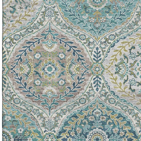 8' X 10' Teal Ivory And Beige Floral Washable Area Rug With UV Protection