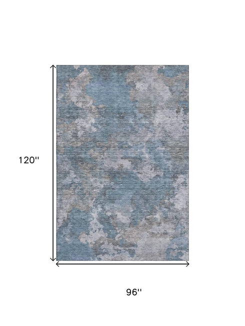8' X 10' Denim Blue And Gray Abstract Washable Area Rug With UV Protection