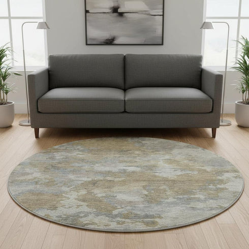 8' Gold And Gray Abstract Washable Round Rug With UV Protection
