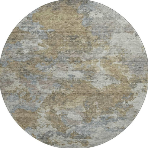 8' Gold And Gray Abstract Washable Round Rug With UV Protection