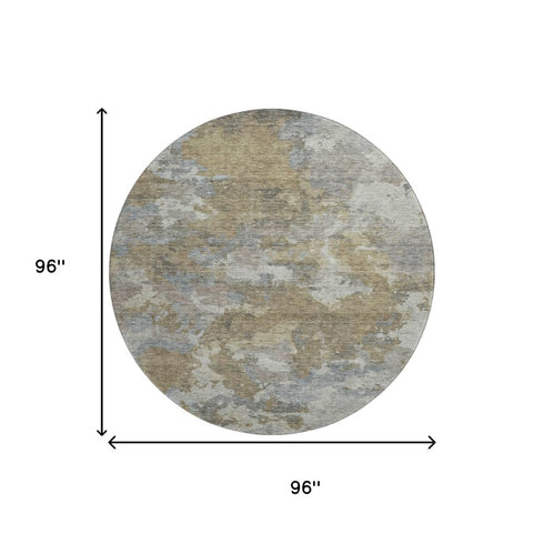 8' Gold And Gray Abstract Washable Round Rug With UV Protection