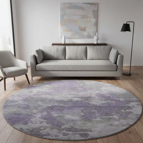 8' Purple And Gray Abstract Washable Round Rug With UV Protection