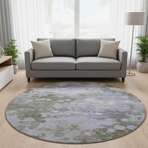 8' Lavender And Taupe Abstract Washable Round Rug With UV Protection