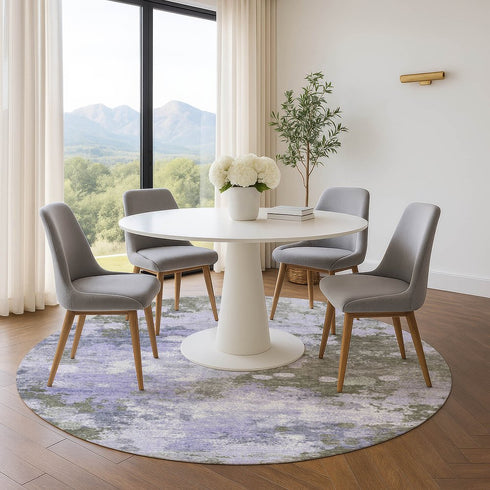 8' Lavender And Taupe Abstract Washable Round Rug With UV Protection