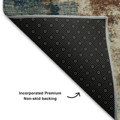 5' X 8' Beige Copper And Blue Abstract Washable Area Rug With UV Protection