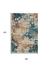 5' X 8' Beige Copper And Blue Abstract Washable Area Rug With UV Protection
