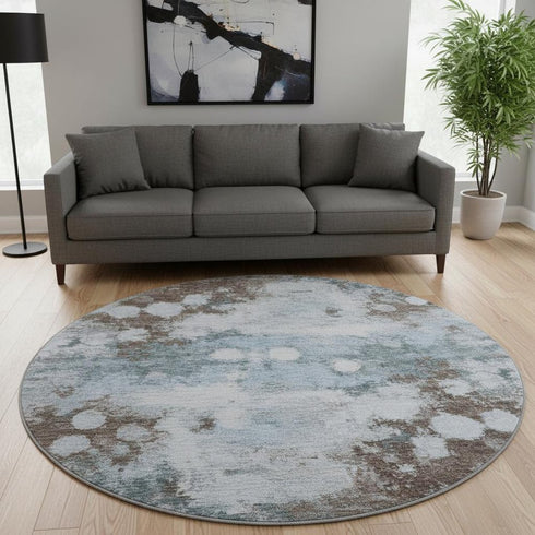 8' Sky Blue And Brown Abstract Washable Round Rug With UV Protection