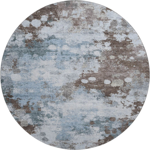 8' Sky Blue And Brown Abstract Washable Round Rug With UV Protection