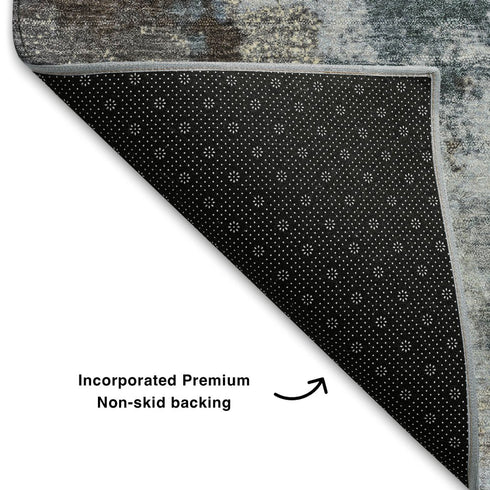 8' Sky Blue And Brown Abstract Washable Round Rug With UV Protection