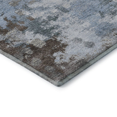 8' Sky Blue And Brown Abstract Washable Round Rug With UV Protection