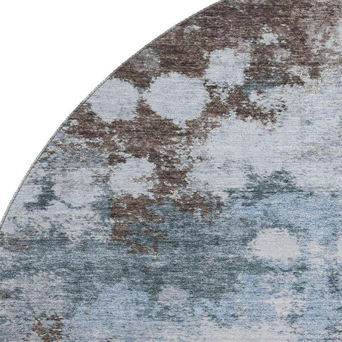 8' Sky Blue And Brown Abstract Washable Round Rug With UV Protection