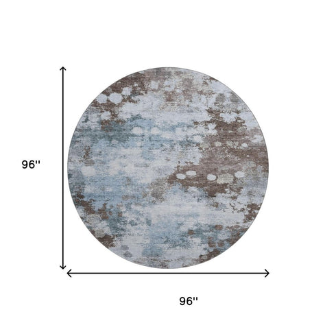 8' Sky Blue And Brown Abstract Washable Round Rug With UV Protection