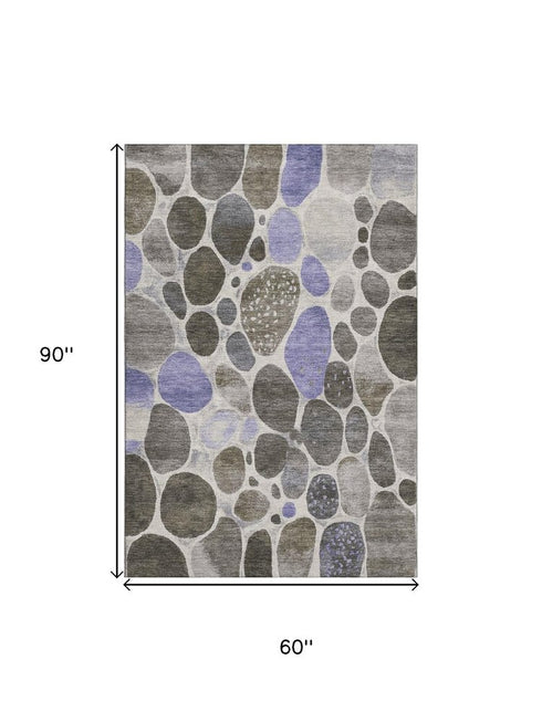5' X 8' Chocolate Ivory And Lavender Geometric Washable Area Rug With UV Protection
