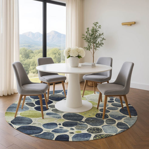 8' Denim Blue Lime Green And Ivory Geometric Washable Round Rug With UV Protection