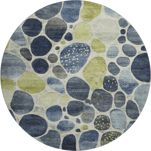 8' Denim Blue Lime Green And Ivory Geometric Washable Round Rug With UV Protection