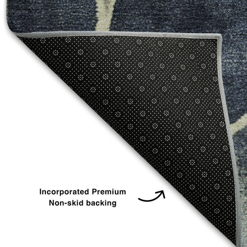 8' Denim Blue Lime Green And Ivory Geometric Washable Round Rug With UV Protection