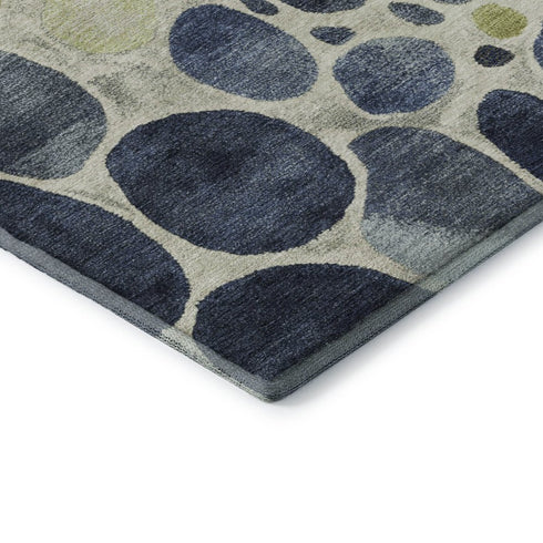 8' Denim Blue Lime Green And Ivory Geometric Washable Round Rug With UV Protection
