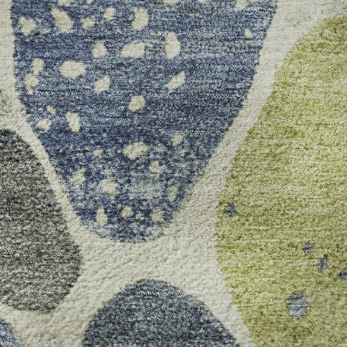 8' Denim Blue Lime Green And Ivory Geometric Washable Round Rug With UV Protection