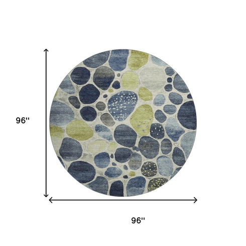 8' Denim Blue Lime Green And Ivory Geometric Washable Round Rug With UV Protection