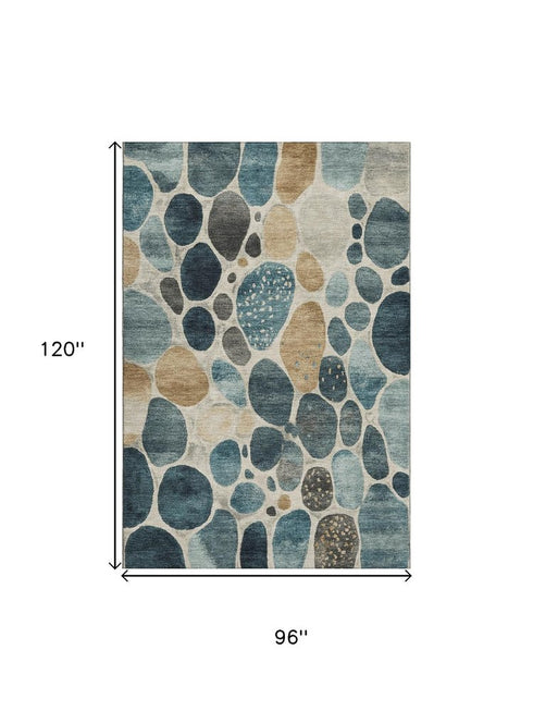 8' X 10' Teal Beige And Ivory Geometric Washable Area Rug With UV Protection