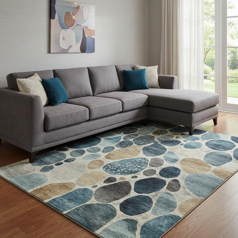 8' X 10' Teal Beige And Ivory Geometric Washable Area Rug With UV Protection