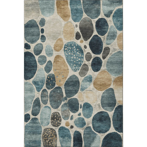 8' X 10' Teal Beige And Ivory Geometric Washable Area Rug With UV Protection