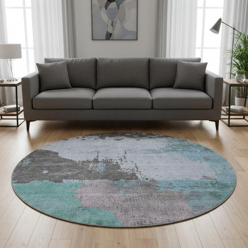 8' Teal And Taupe Abstract Washable Round Rug With UV Protection