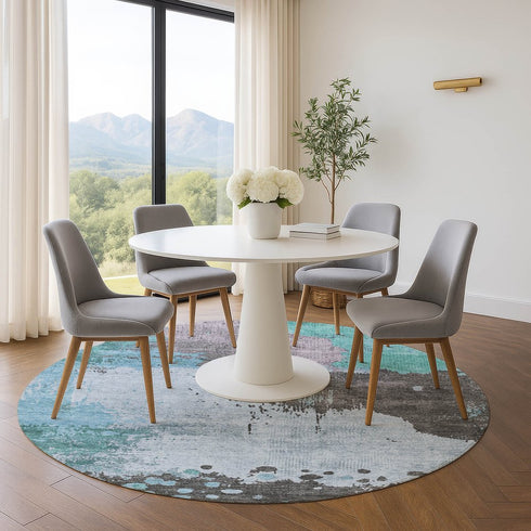 8' Teal And Taupe Abstract Washable Round Rug With UV Protection