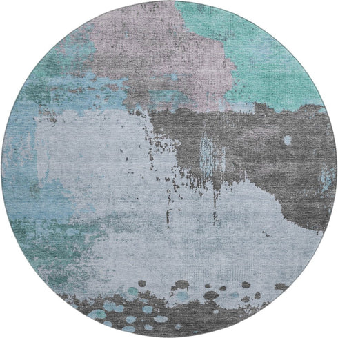 8' Teal And Taupe Abstract Washable Round Rug With UV Protection