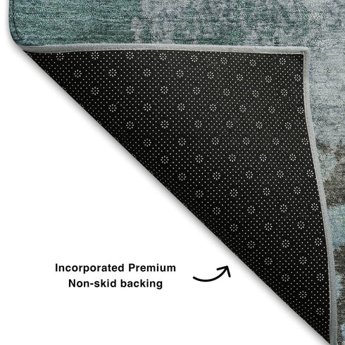 8' Teal And Taupe Abstract Washable Round Rug With UV Protection