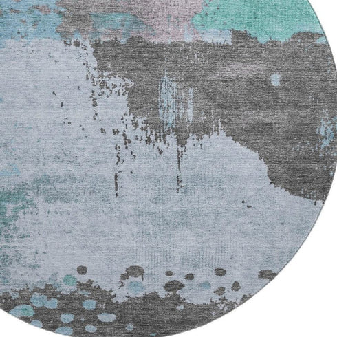8' Teal And Taupe Abstract Washable Round Rug With UV Protection